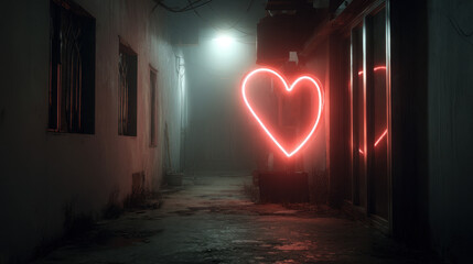 Neon red heart glowing in a dark urban alley with moody lighting and cinematic atmosphere symbolizing love hope and romance in the city at night
