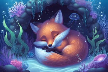 Sleeping red fox resting peacefully among colorful coral and sea life