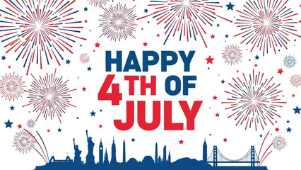 Happy 4th of july celebration with fireworks and city skyline on white background, patriotic holiday greeting card with american