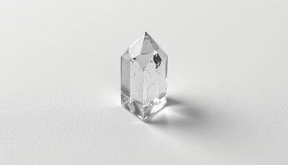 A large, clear crystal like structure placed against a gray background. This structure has facets that reflect light, giving it a multi faceted appearance