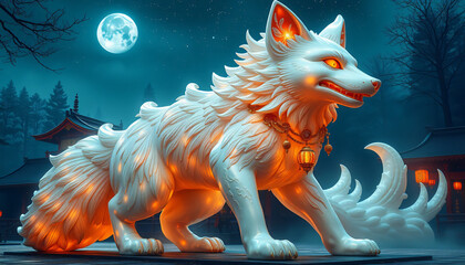 Cute cartoon vector illustration of a wild wolf and fox with orange fur and long tails in the dark night forest art design