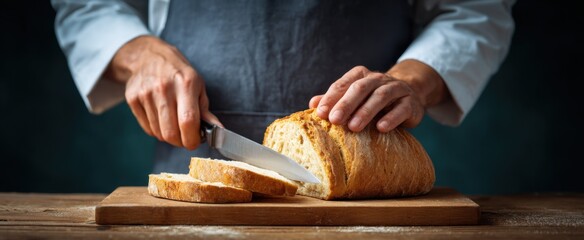 the chef cuts warm bread using a precise knife