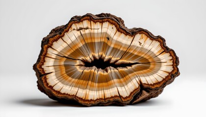 A piece of fossil wood with distinct, concentric growth rings that give it an ancient, possibly petrified appearance