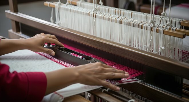 Close-up of artisan hands skillfully weaving a traditional pink and white patterned textile on a wooden loom, showcasing the intricate process of manual fabric production. - Powered by Adobe