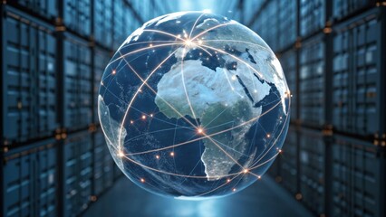 A 3D illustration of Earth connected by glowing lines, symbolizing global networks and data flow within a vast storage environment.