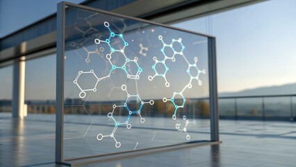 A futuristic display featuring molecular structures, set in a modern architectural space with a scenic view.