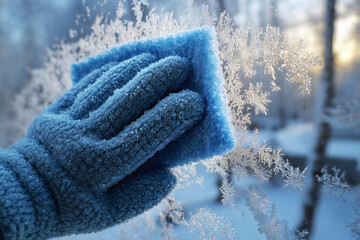 Blue knitted winter mitten wiping window with delicate ice crystals with intricate patterns in cold snowy weather with soft bokeh background.