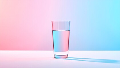 Glass of water on white surface with pink and blue split background, showing light refraction and gradient.
