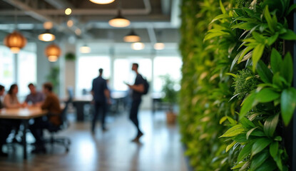 Green plants with office interior and people in the background.