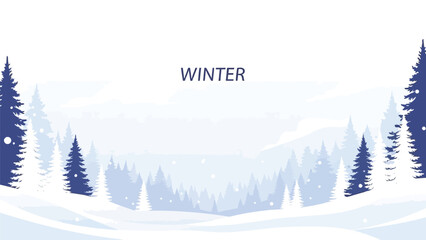 Snowy forest landscape with pine trees and rolling hills in winter scenery with snowflakes with cold and weather and seasonal with view