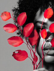 Close-up of a face with voluminous curly dark hair, rendered in black and white except for vibrant red-orange autumn leaves.