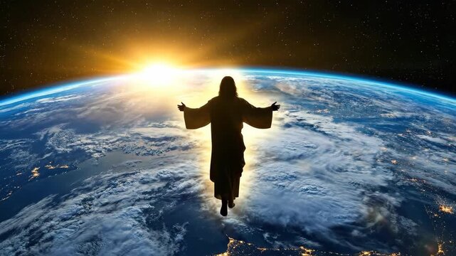 Silhouette of Jesus Christ floating above Earth with sun rising, religious concept for hope and divinity.