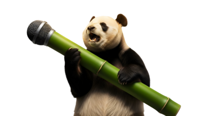 Humorous giant panda singing into a creative bamboo microphone, showcasing an expressive animal portrait with an open mouth on a transparent background.