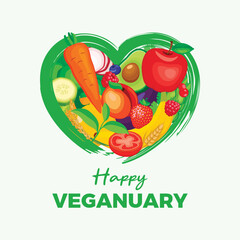 Veganuary annual challenge poster vector illustration. Paintbrush green heart shape with fruits and vegetables icon. Heart made of healthy food symbol. Template for background, banner, card