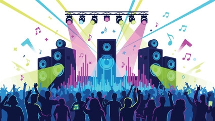 Vibrant concert scene with crowd dancing under colorful spotlights and music notes, lively festival atmosphere with speakers with dance