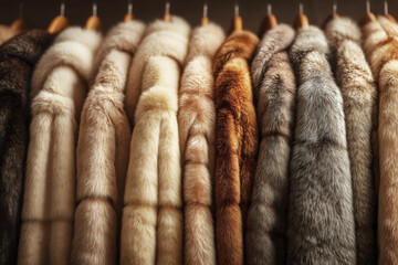 Luxurious fur coats in various natural colors hanging on a retail clothing rack in a boutique store display.
