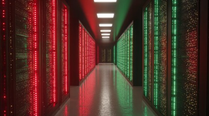 A perspective shot of a server room with long rows of servers illuminated in red and green lights with a bright ceiling