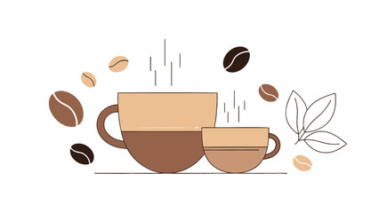 Two brown coffee cups with steam rising surrounded by coffee beans and leaves on white background, perfect for cafe or morning with hot