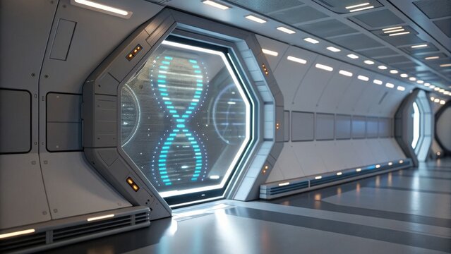 A futuristic corridor featuring sleek design elements and a digital display resembling an hourglass, illuminated by blue lights. - Powered by Adobe