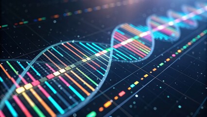 A vibrant, digital representation of a DNA double helix with colorful bands, symbolizing genetics and biotechnology.