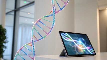 A colorful DNA model stands beside a tablet displaying vibrant scientific imagery, showcasing the intersection of technology and biology.