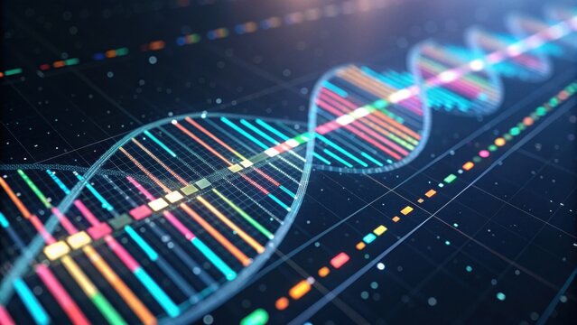 A vibrant, digital representation of a DNA double helix with colorful bands, symbolizing genetics and biotechnology.