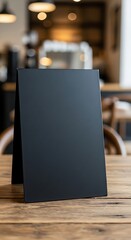 Blank vertical sign stands upright on a wooden table inside an establishment with bokeh background lighting