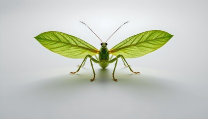 A close up of a green grasshopper in sharp focus against a light gray background, with its wings spread wide.