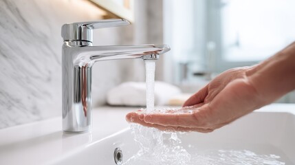 Close-up of a hand under a modern chrome faucet with flowing water in a bright bathroom, showcasing cleanliness and daily hygiene practices