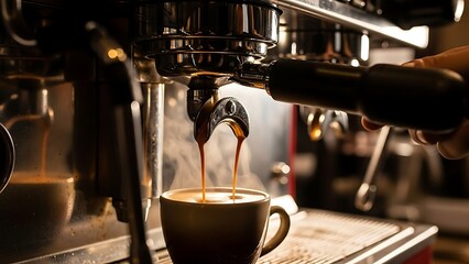 Espresso being poured into a cup from a coffee machine