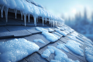 Winter ice icicles hanging from frozen roof with snow covered wooden shingles and frost formation in cold weather conditions.