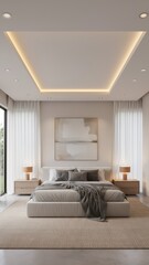 Fototapeta premium Modern Minimalist Bedroom Interior with Neutral Tones and Elegant Recessed Ceiling Lighting