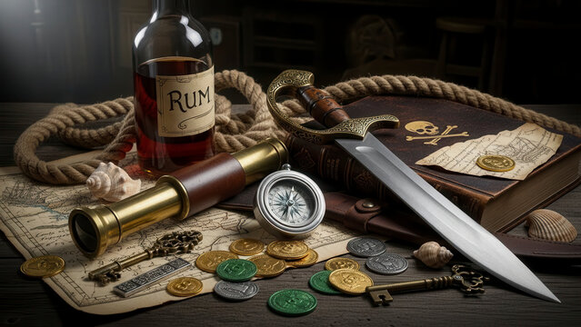 Pirate treasure hunt with rum bottle and sword on old map