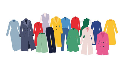 A vibrant collection of colorful business casual clothing items including coats dresses pants and shirts in various styles with fashion