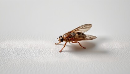 A close up of an insect, likely a bee or a similar species, resting on a white surface.