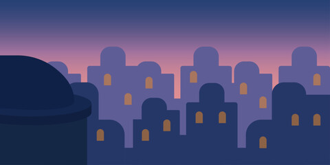 Night rooftop city illustration. Rounded rooftop edge silhouette. Pastel skyline with glowing windows. Soft gradient sky tones. Quiet dreamy city mood.