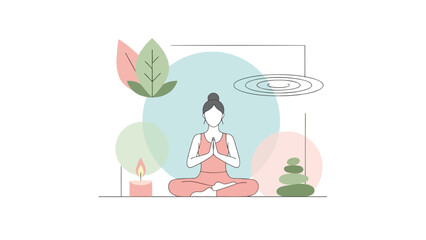 Woman in pink activewear sitting in lotus position with hands together in prayer in front of face surrounded by calming plants with yoga
