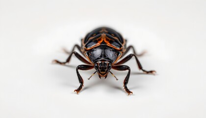 A close up of a beetle with a dark exoskeleton resting on a light background.