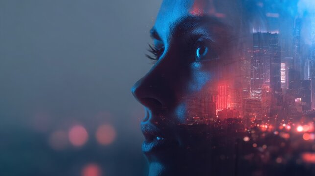 human woman combined with neon city skyline, double exposure, AI and big data visualization, futuristic urban tech mood, cinematic lighting - Powered by Adobe