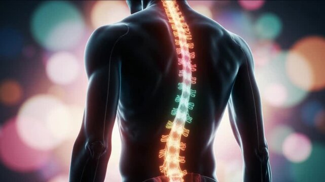 Human spine with glowing vertebrae representing health and pain