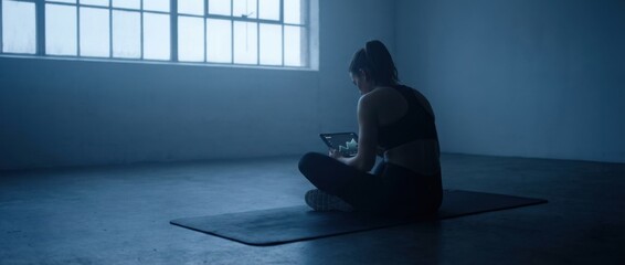 moody workout composition featuring a trainer tracking a workout plan on a yoga mat in cool blue-hour ambience clean composition with clean negative space