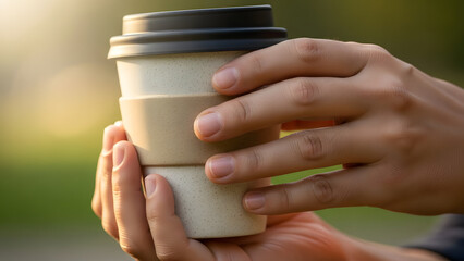 Hands holding eco-friendly coffee cup outdoors in natural light