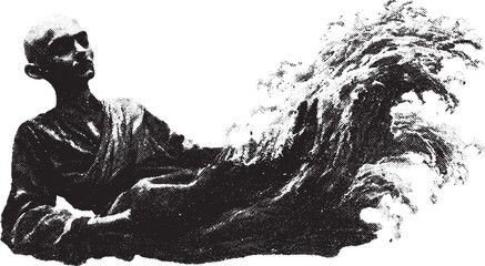 Monk silhouette with flowing waves in black and white. Minimalistic vector illustration conveying tranquility and balance in a serene set.