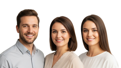 Smiling man and two women standing together isolated on white transparent png background download woman