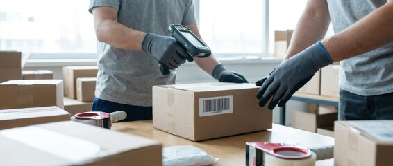 clean barcode photo featuring hands preparing deliveries at a logistics desk in diffused window light editorial style