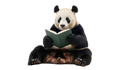 Obraz premium Cute giant panda sitting upright and intently reading an open green book, looking thoughtful and engaged in learning on a clean white background.