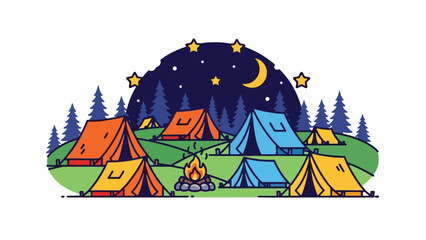 Colorful illustration of tents and campfire under starry night sky with crescent moon in forest clearing with camping and stars