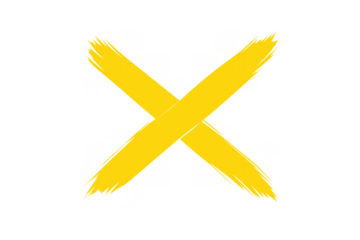 Yellow textured brushstroke x mark symbolising wrong choice, denial, cancellation, or rejection, transparent background