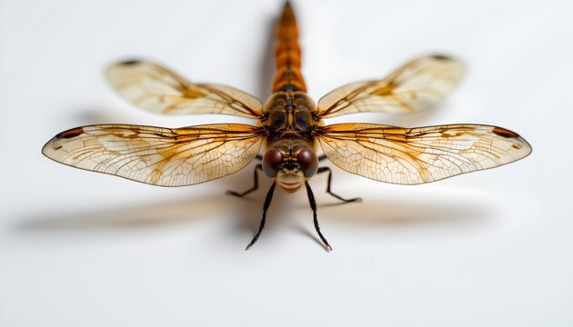 A close up of a honeycomb pattern dragonfly perched against a white background.