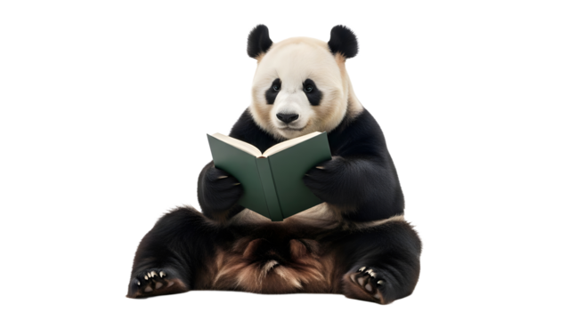 Cute giant panda sitting upright and intently reading an open green book, looking thoughtful and engaged in learning on a clean white background. - Powered by Adobe
